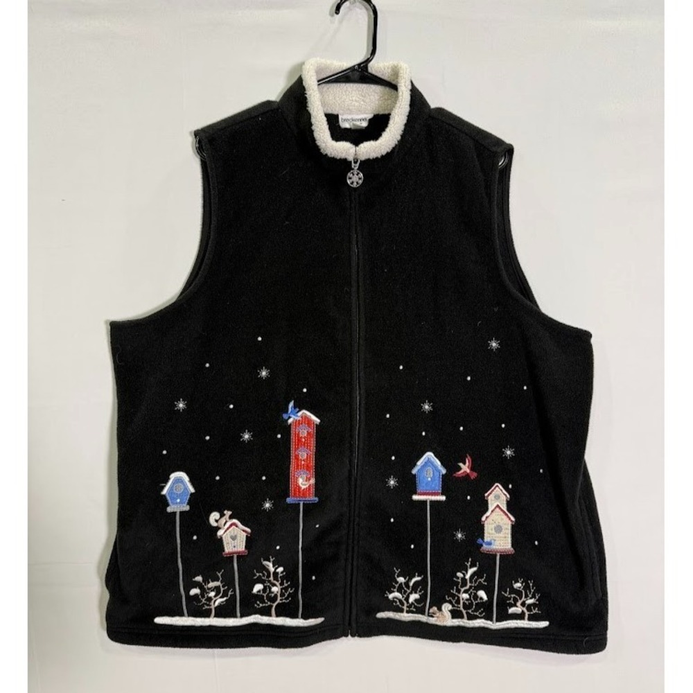 Breckenridge Woman Black Fleece Vest Birdhouse Embroidery Winter Plus Size 2X